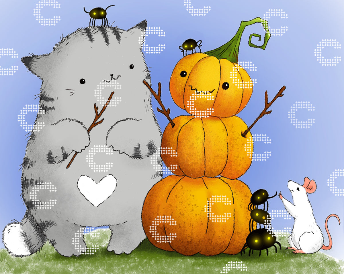 Diamond Painting Originalbild mit Halloween Motiv mit niedlicher Kürbis Figur und Katze