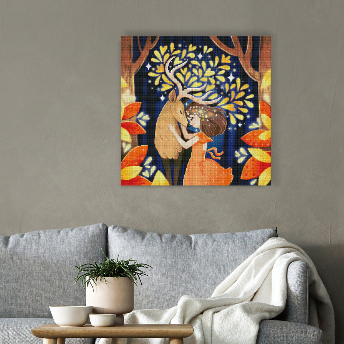 Diamond Painting Fantasy Motiv mit Mädchen und Hirsch im Wald als stilvolle Wandkunst