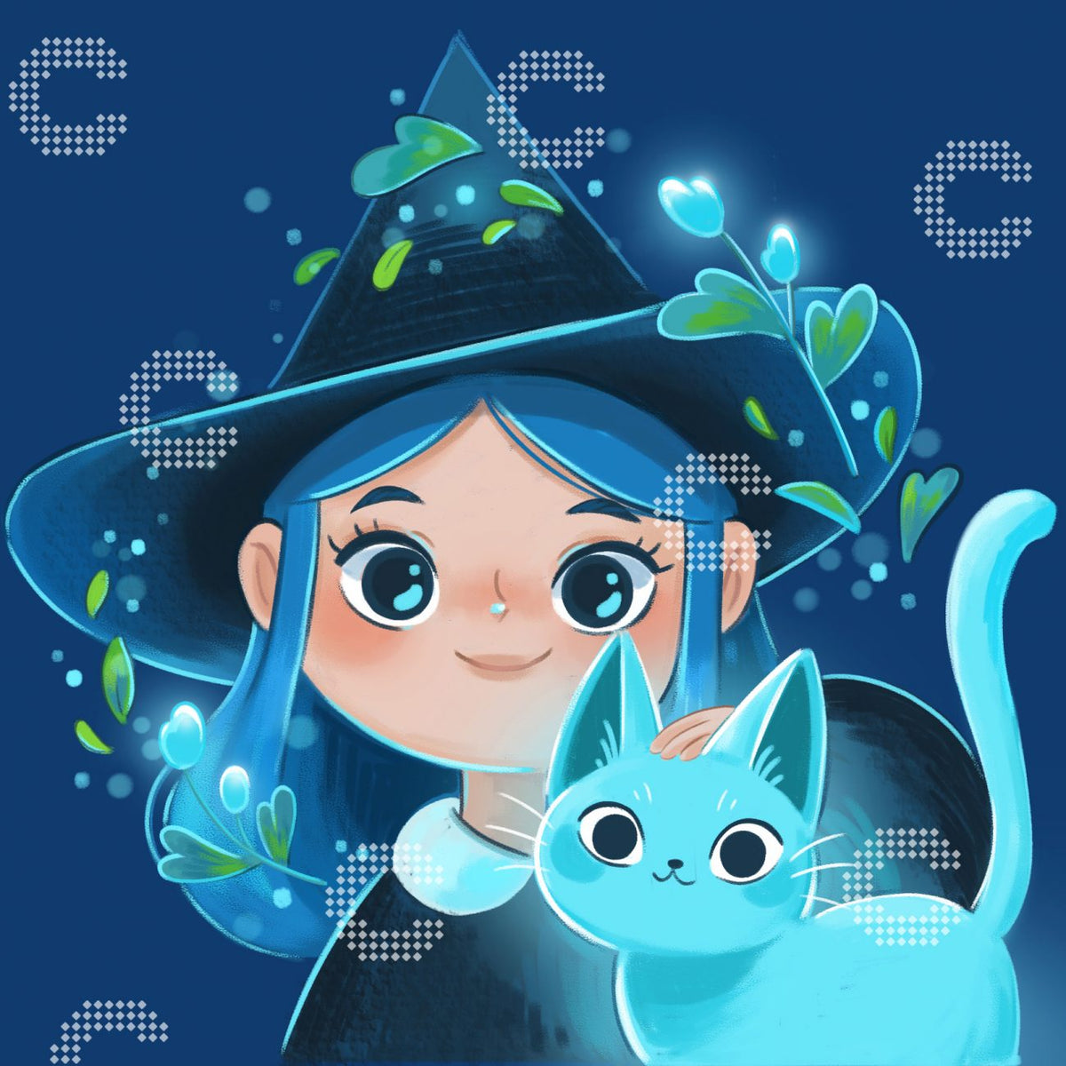 Diamond Painting kleine Hexe mit Katze und liebevollen Details