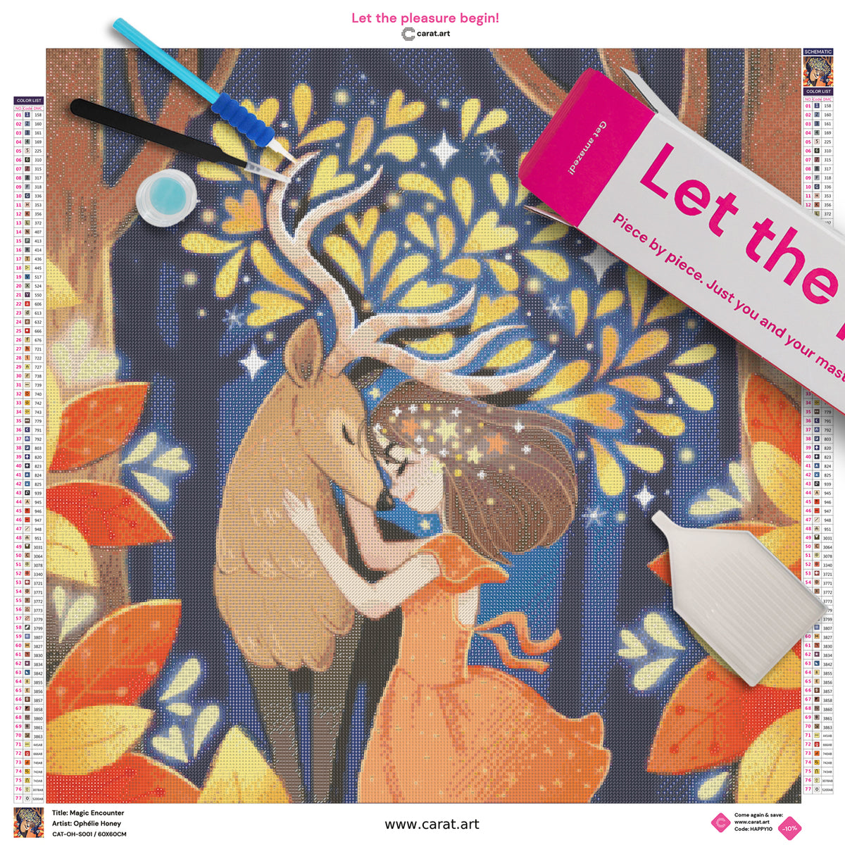 Premium Diamond Painting Set mit Fantasy Motiv von einem Mädchen und einem Hirsch im Wald und ciratart.com Zubehör
