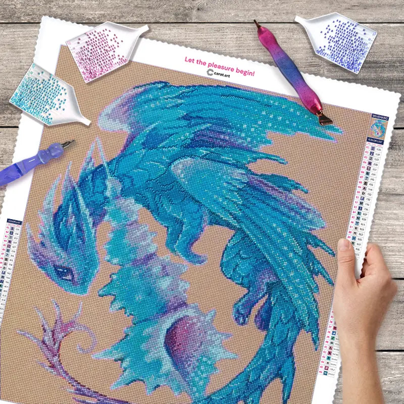 Diamond Painting Leinwand mit Steinchen, Diamond Painting Stiften und Schälchen und Drachen Motiv