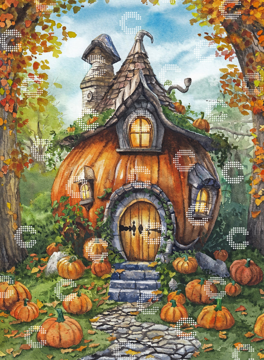 Diamond Painting Original-Kunstwerk mit Kürbishaus im Wald voller Deko-Kürbissen, Steinweg und erleuchteten Fenstern mit herbstlicher Fantasy Landschaft Atmosphäre