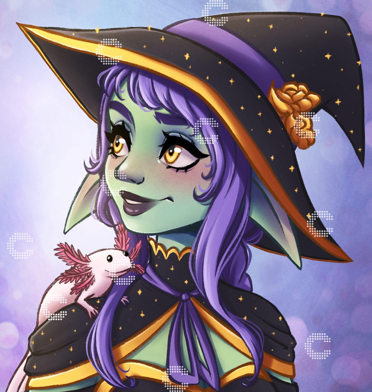 Diamond Painting Hexe mit Axolotl und Hexenhut in magischer Halloween Atmosphäre