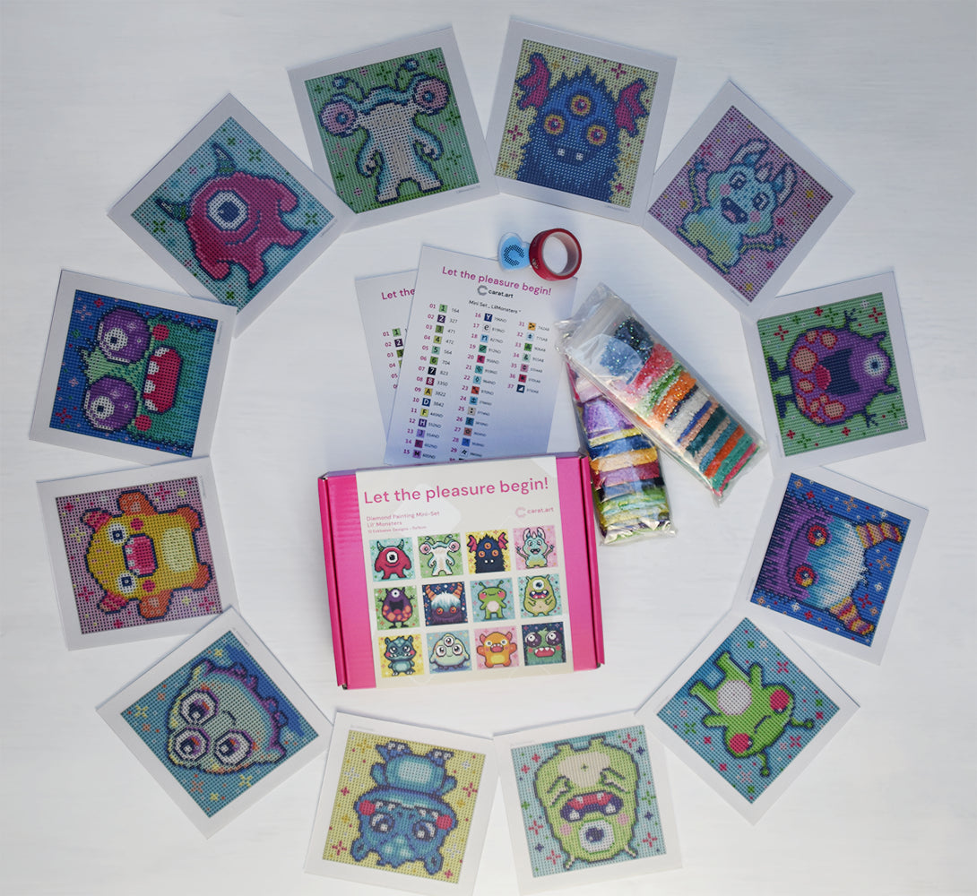 Diamond Painting Mini Set mit niedlichen Monster Motiven in bunten Farben