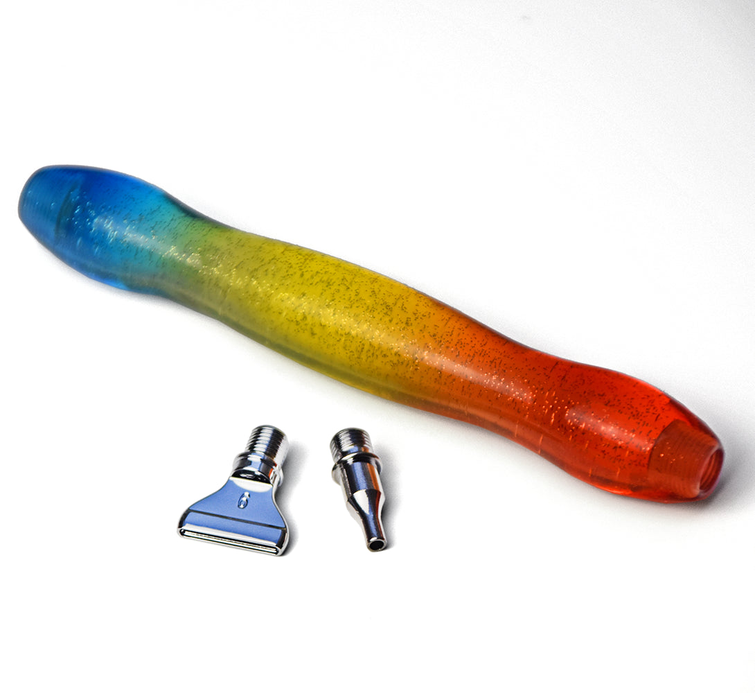 Diamond Painting Stift mit 2 silbernen Schraubaufsätzen und Regenbogen-Muster