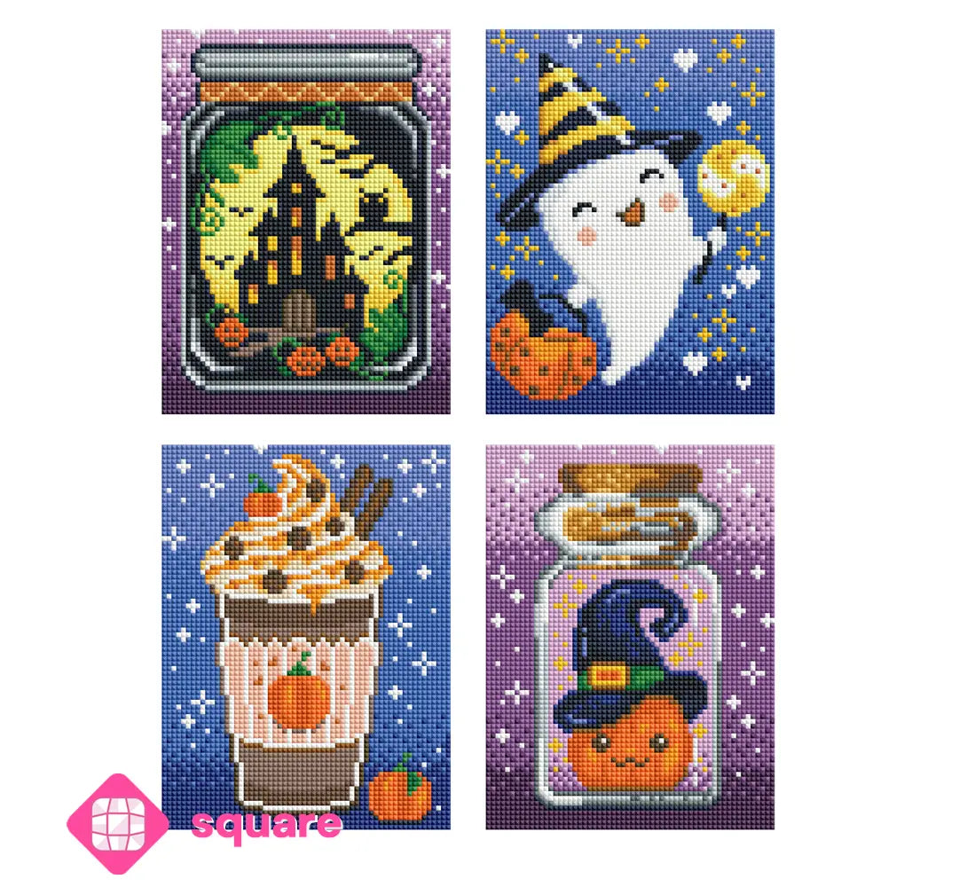 Diamond Painting Vorschau von 4 kleinen Bildern als Set rund um Herbst und Halloween