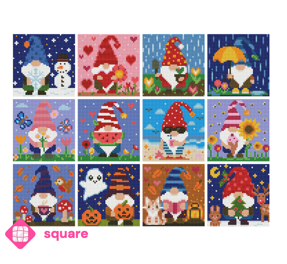 Diamond Painting Vorschau mit mehreren Gnom Motiven im Mini Format als Set