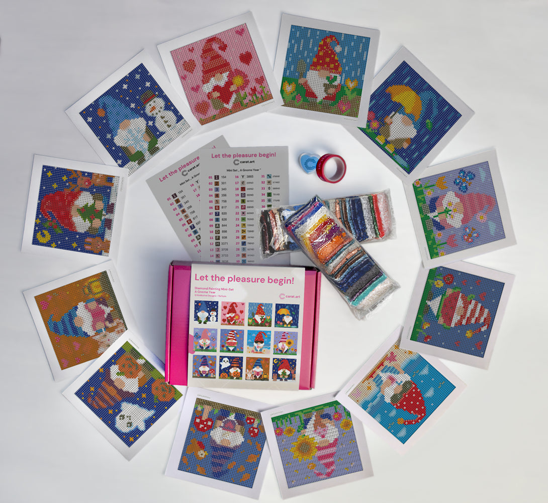 Diamond Painting Mini Set mit 12 niedlichen Gnom Motiven und saisonalen Designs