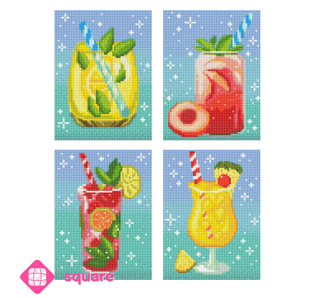 Vorschau der vier verschiedenen Cocktail-, Longdrink- und Mixgetränke-Motive des Diamond Painting Midi Sets Happy Hour