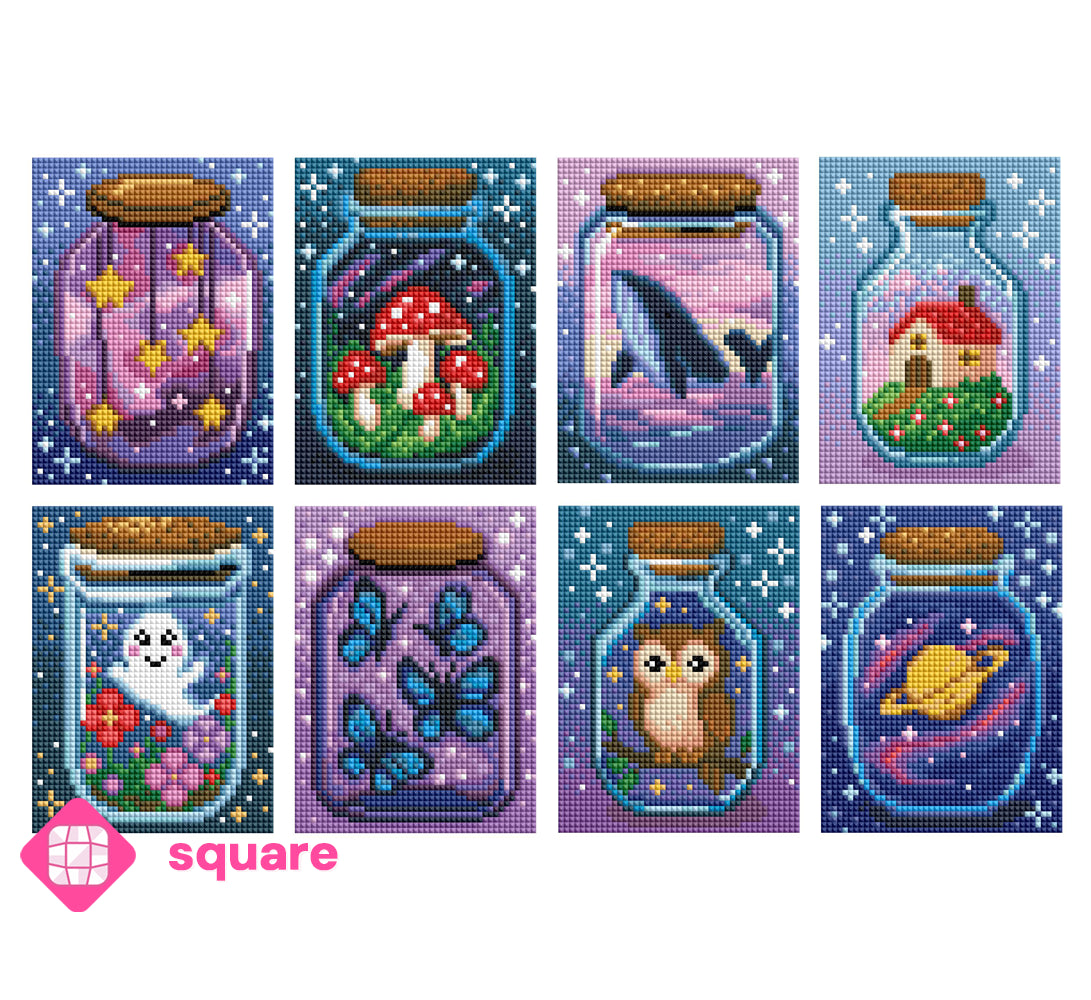 Diamond Painting Vorschau mit kleinen Fantasy Motiven im Glas Design