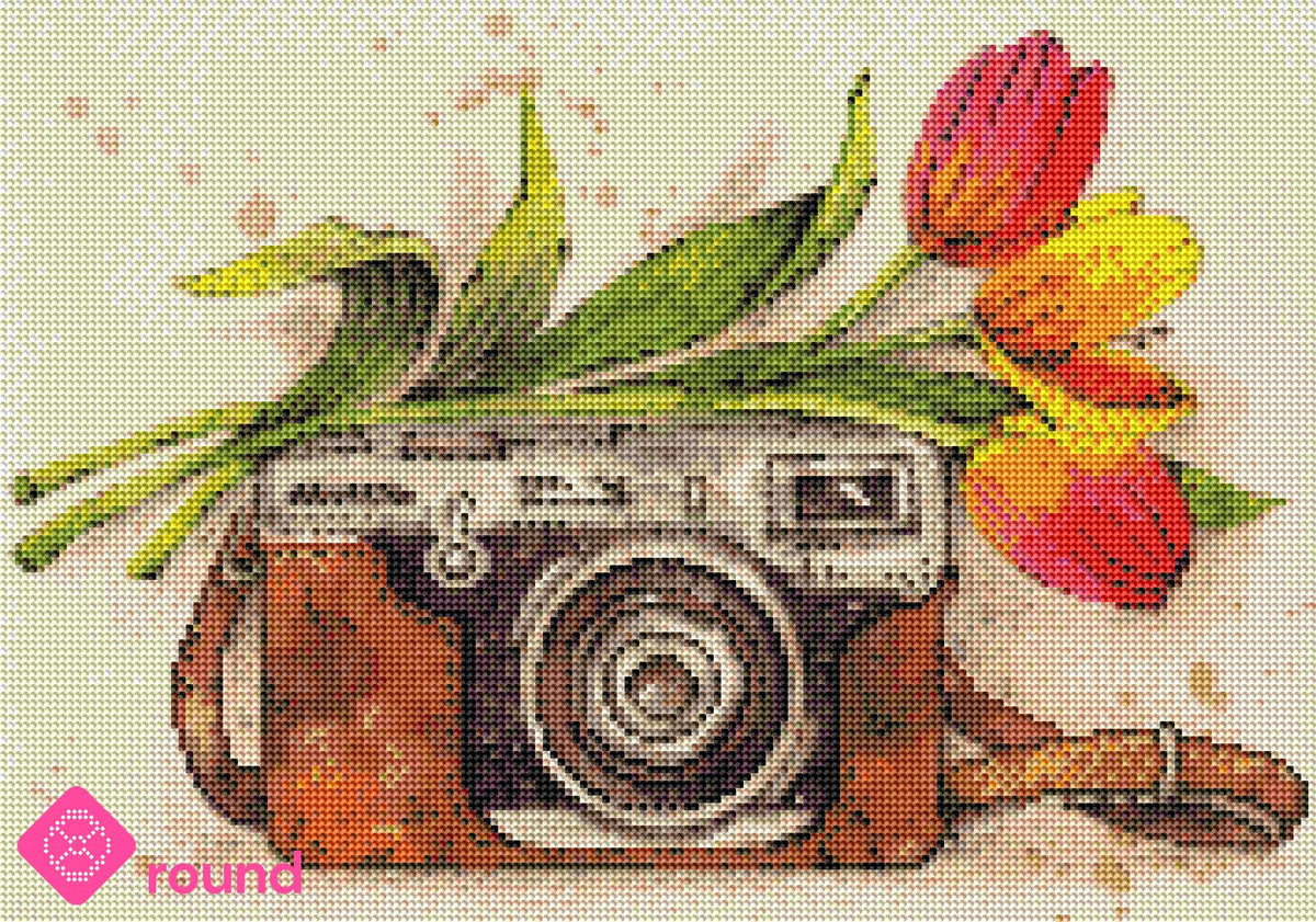 Diamond Painting Vorschau von einem Kamera-Motiv mit Tulpen in funkelnder Steinoptik als Render-Vorschau
