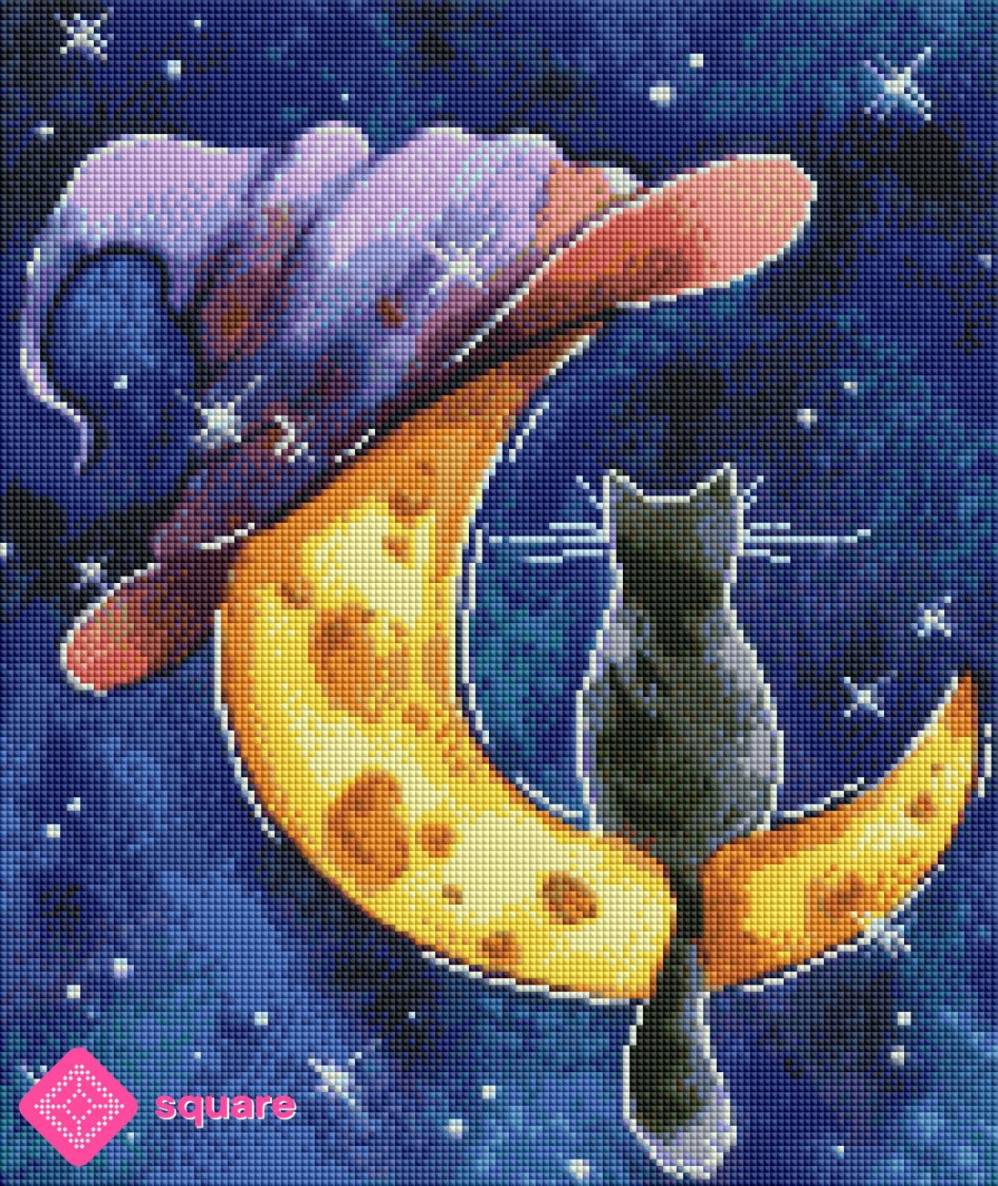 Diamond Painting Vorschau mit Katzenmotiv und Mond in funkelnder Steinoptik