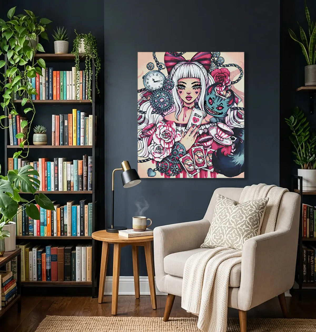 Mystisches Diamond Painting mit Alice und der Grinsekatze in einer düsteren Wunderland-Szene als außergewöhnliche Wanddekoration