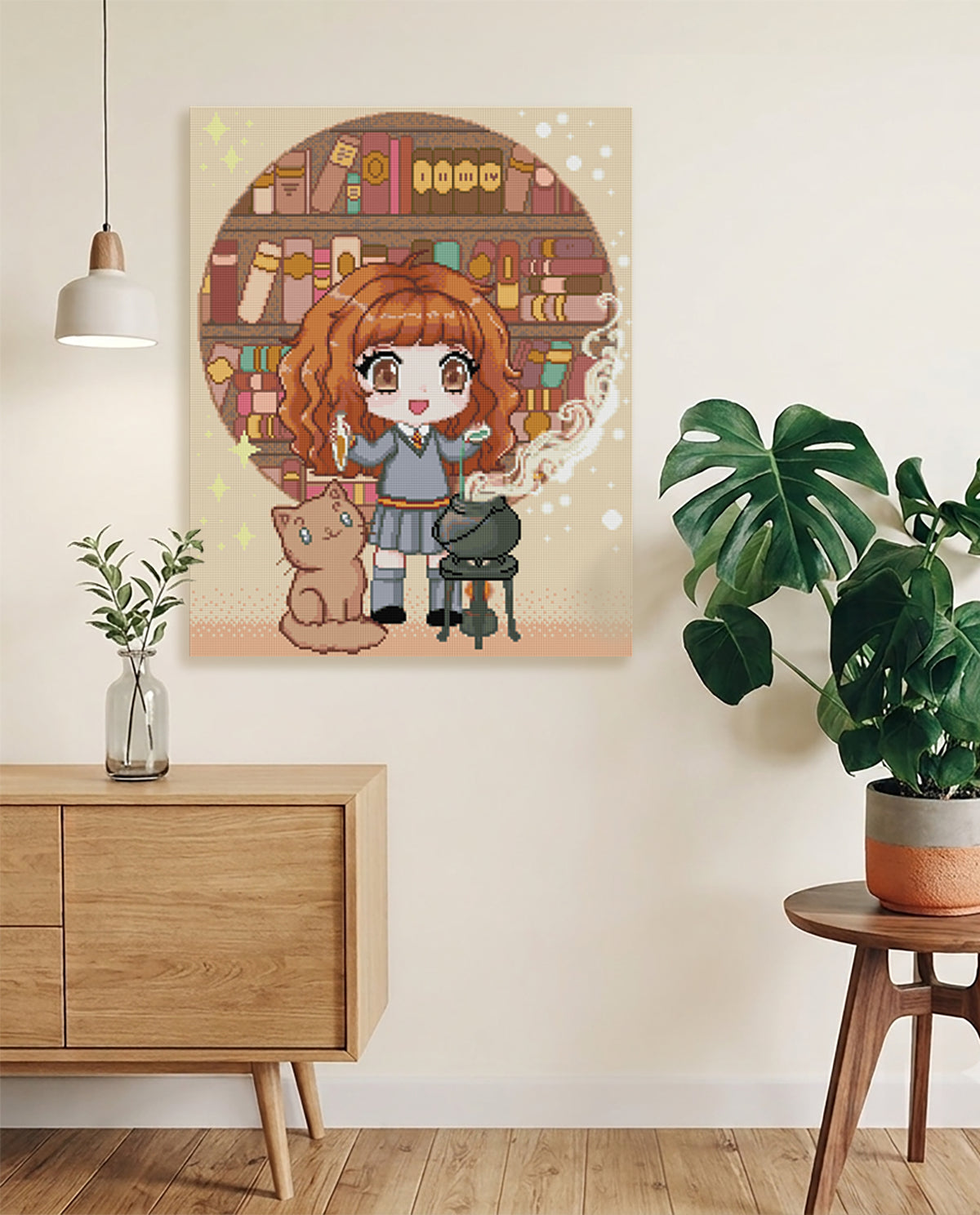 Magisches Diamond Painting mit Hexenschülerin und Katze zwischen alten Zauberbüchern als fantasievolle Wanddekoration für Buchliebhaber und Zauber-Fans