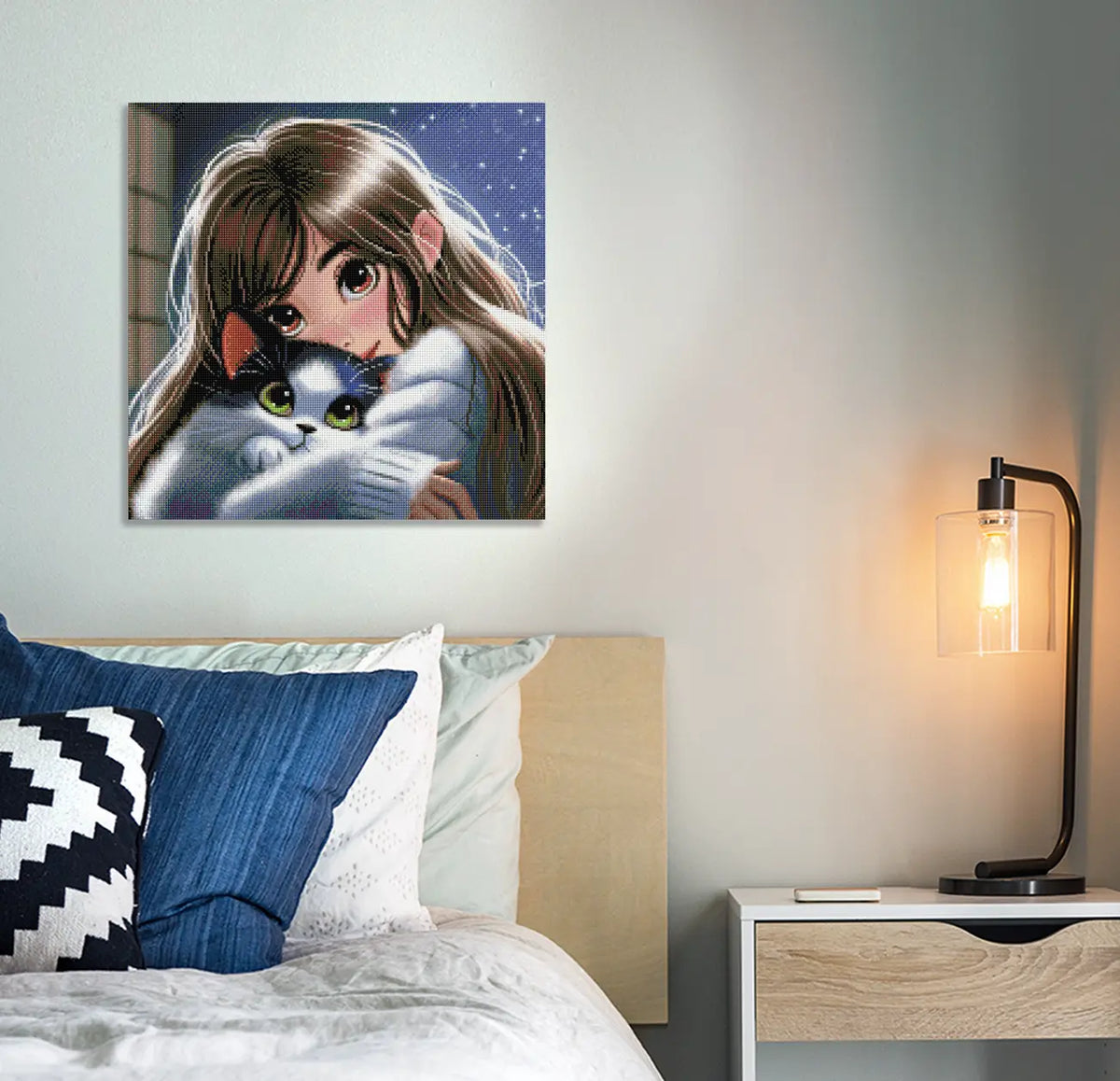 Gemütliches Diamond Painting mit Mädchen und Katze unter einem funkelnden Sternenhimmel als liebevolle Wanddekoration