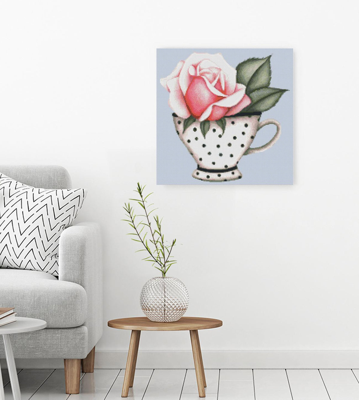 Diamond Painting Rose in einer Porzellantasse als romantische Blumendekoration für dein Zuhause