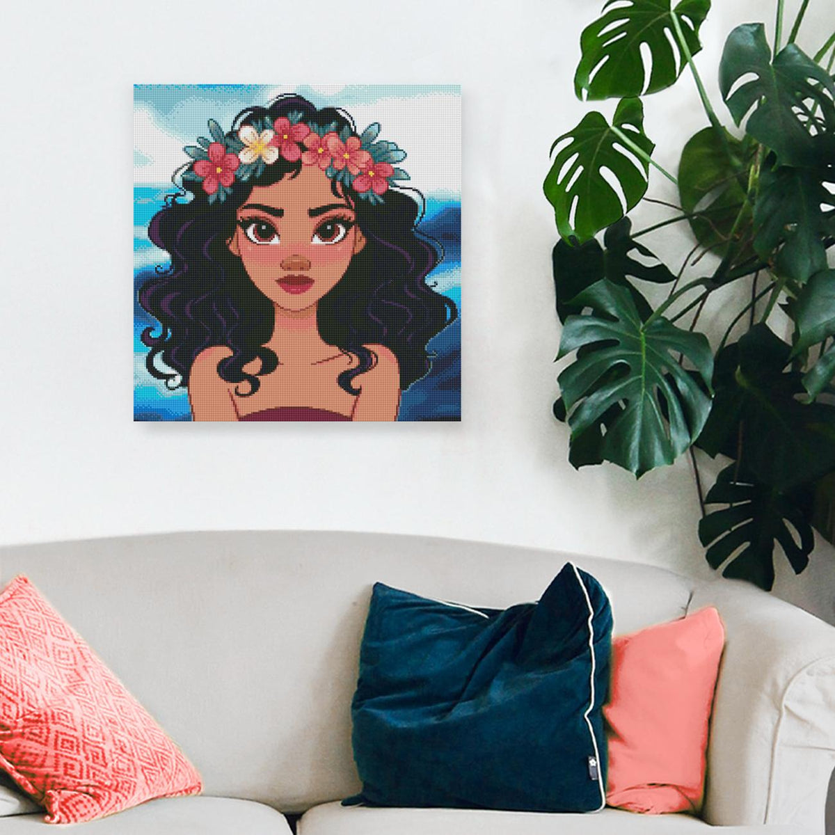 Diamond Painting exotisches Mädchen mit Blumen als tropische Wanddekoration für dein Zuhause