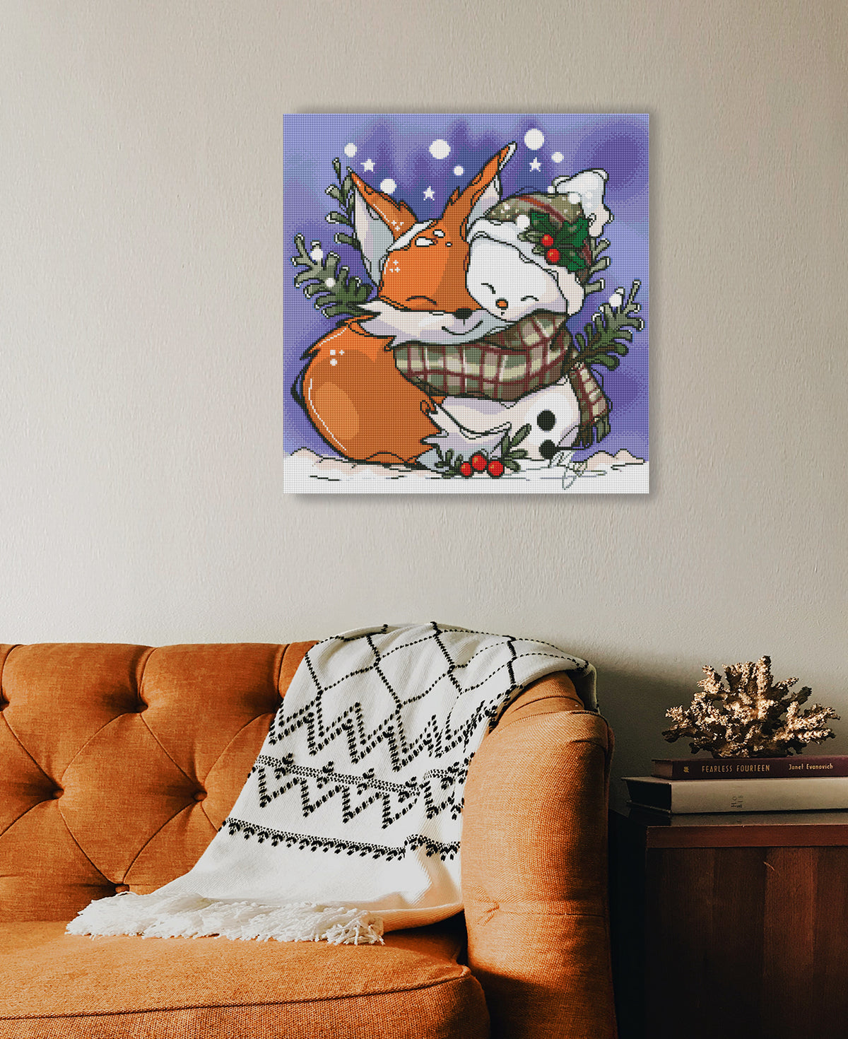 Herzerwärmendes Diamond Painting mit Fuchs und Schneemann als winterliche Wanddekoration für dein Zuhause