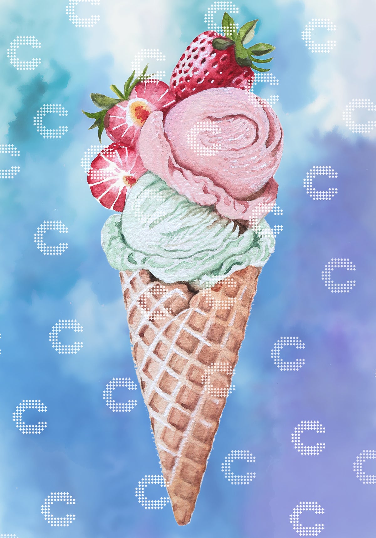 Diamond Painting Original-Kunstwerk mit Erdbeer- und Pistazieneis, garniert mit frischen Erdbeeren in einem Waffelhörnchen vor einem strahlend blauen Himmel