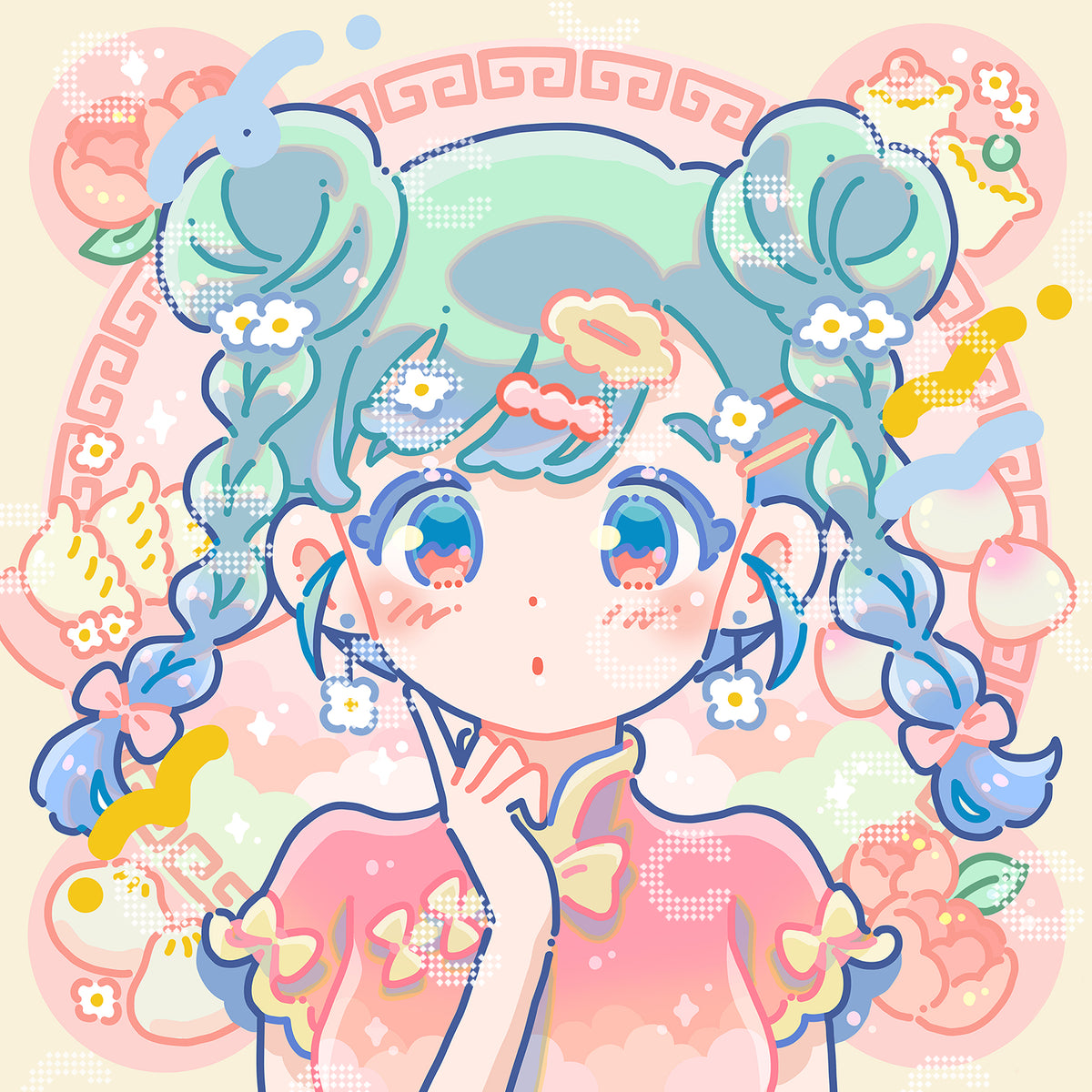Diamond Painting Original-Motiv mit asiatischem Mädchen und traditionellen chinesischen Elementen im Anime Stil von Hiroko