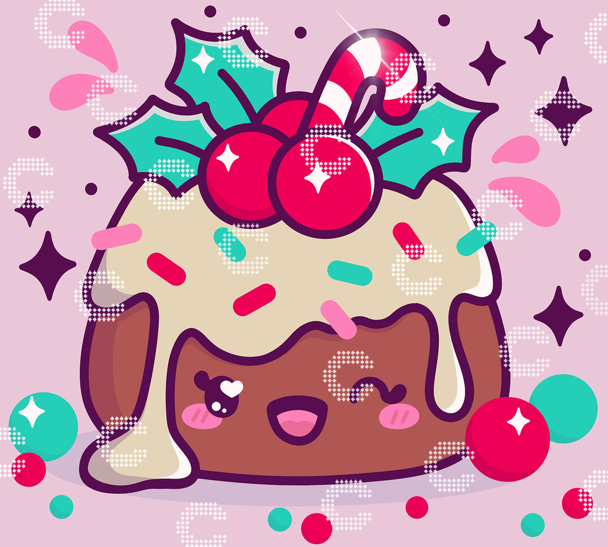 Diamond Painting Original-Motiv mit einem niedlichen Kawaii Christmas-Pudding mit weißer Glasur, dekoriert mit Beeren und grünen Blättern sowie einer kleinen Zuckerstange obendrauf, umgeben von Tropfen, Beeren und Sternen