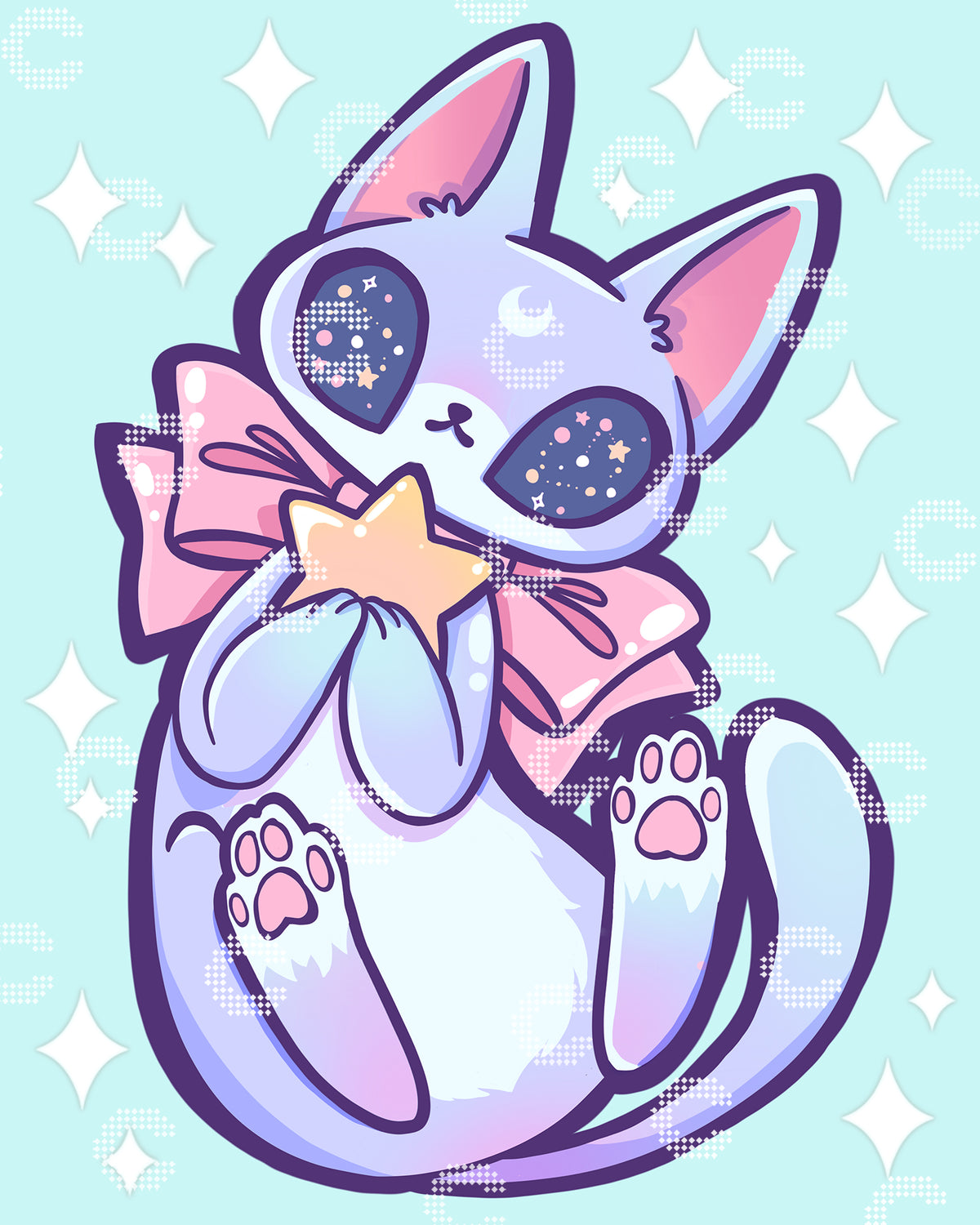 Diamond Painting Katze im Anime Stil mit großen Kosmos Augen, großer Schleife und Stern in den Pfoten