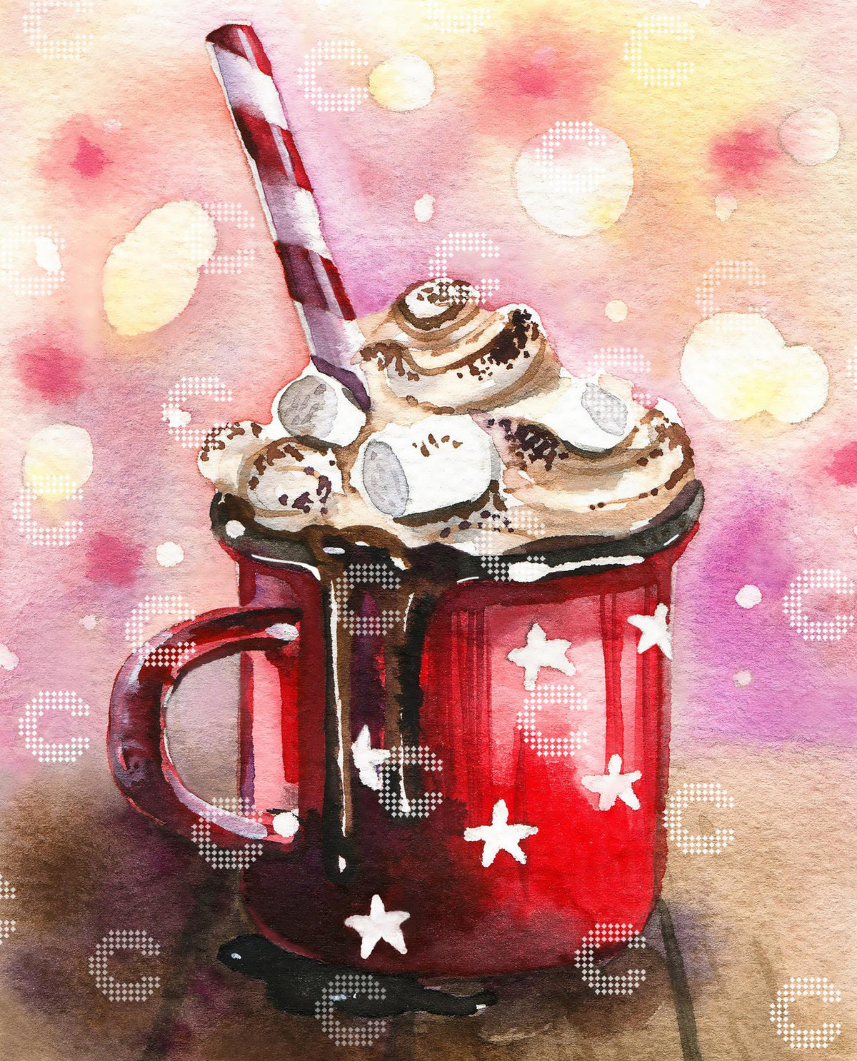 Diamond Painting Original-Kunstwerk mit roter Tasse mit weißen Sternen, heißer Schokolade, Sahne und Marshmallows