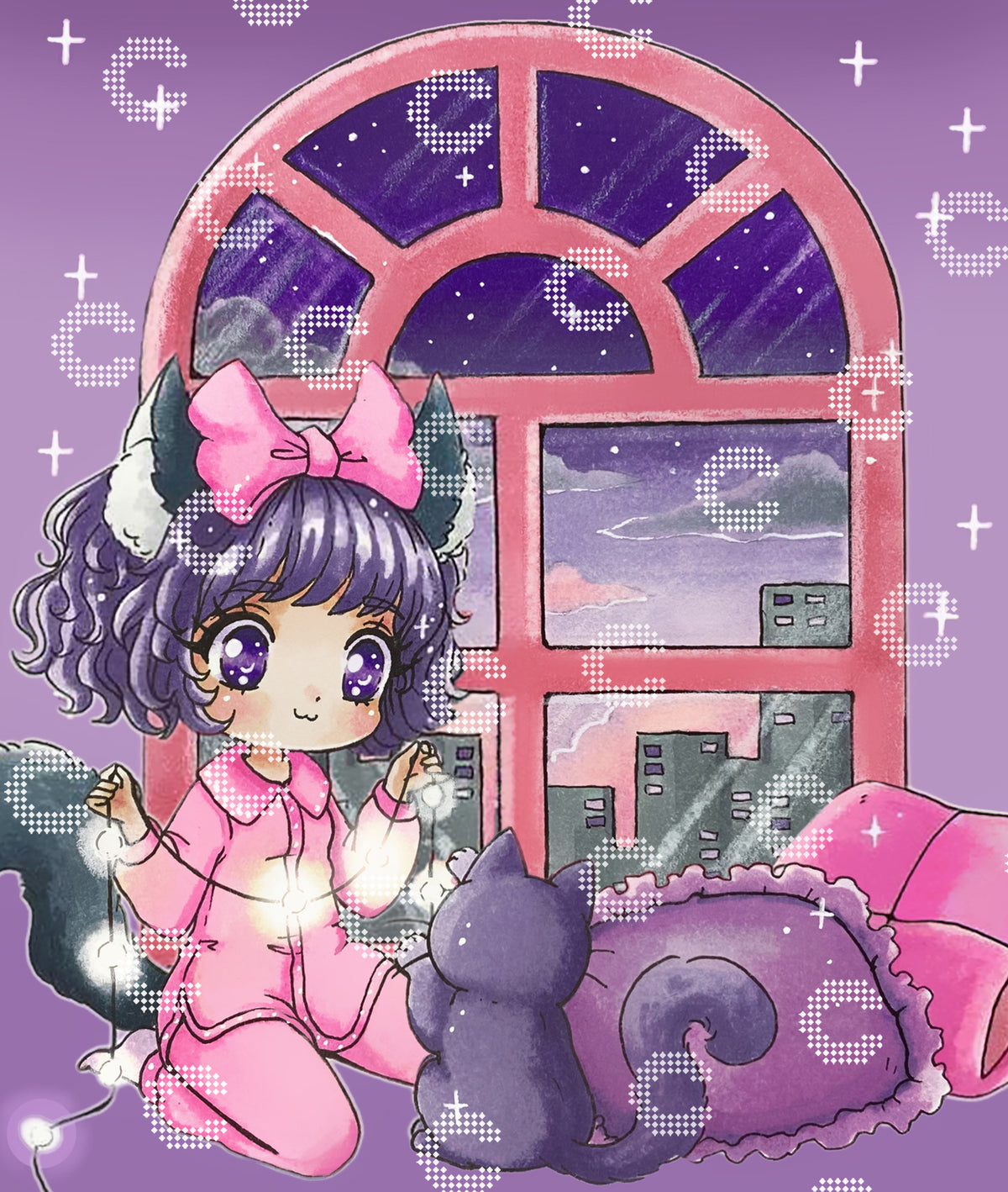 Diamond Painting Künstlermotiv mit einer kleinen süßen Neko im Pyjama und Katzenkostüm mit großen Augen und einer pinken Schleife im Haar, die gemeinsam mit ihrer kleinen schwarzen Katze eine Lichterkette sortiert, umgeben von Kissen vor einem großen Panoramafenster mit Blick auf die Skyline