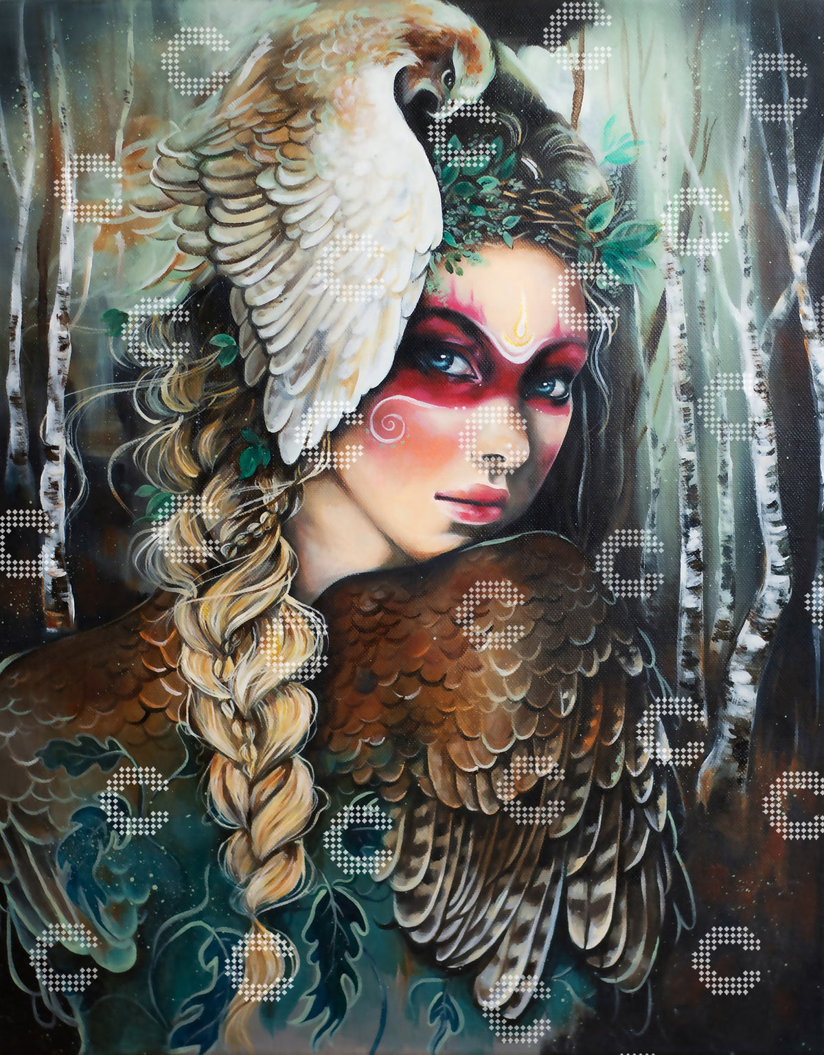 Diamond Painting Freya mit roter Maske und Falke auf der Schulter im geheimnisvollen Nebelwald aus Birken