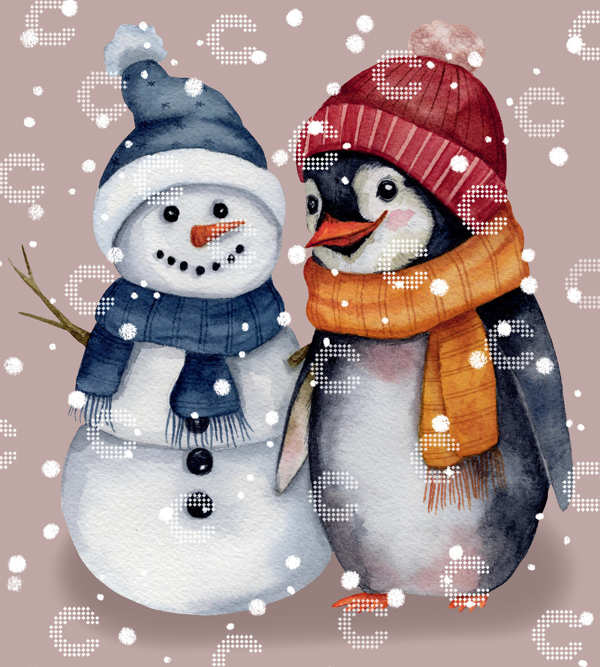 Diamond Painting Original-Motiv mit einem kleinen Pinguin und einem kleinen Schneemann, die beide Schal und Mütze tragen, umgeben von tanzenden Schneeflocken
