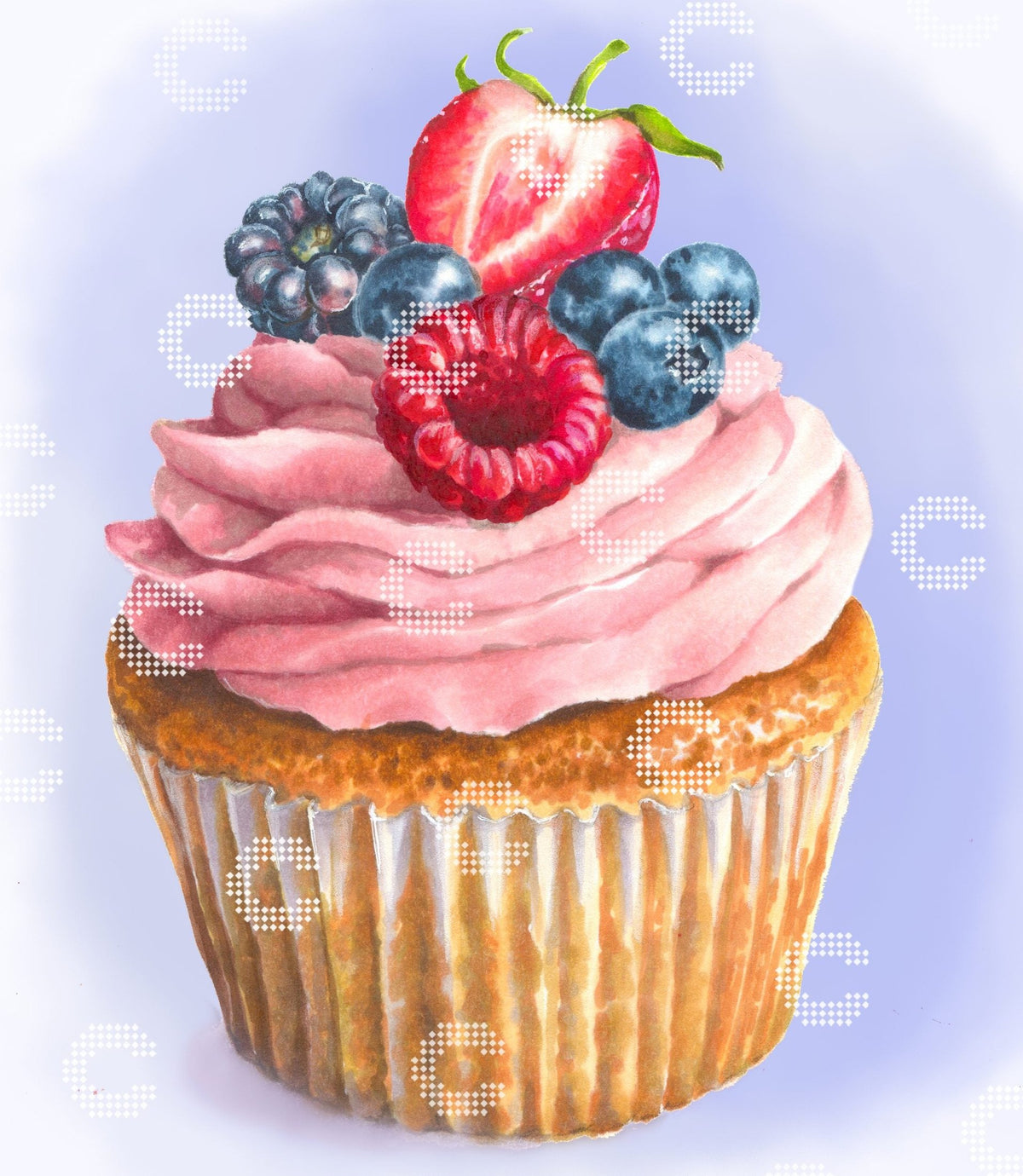 Diamond Painting köstlicher Cupcake mit rosa Creme und frischen Beeren als detailreiches Dessert Motiv