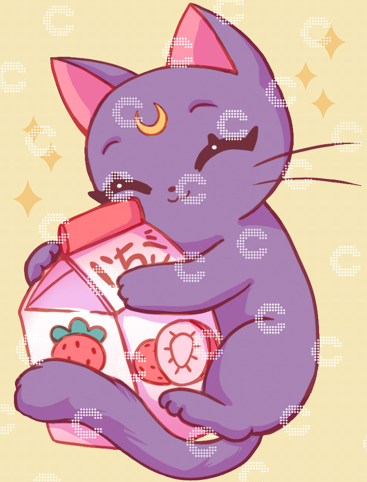 Diamond Painting Original-Bild mit Kawaii Katze und Erdbeer-Getränk als niedliches Anime Motiv