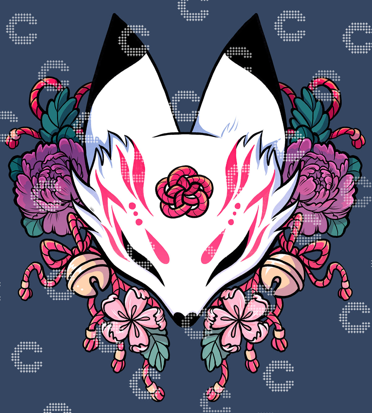 Diamond Painting Original-Kunstwerk mit einer Kitsune-Maske aus der asiatischen und japanischen Motivwelt, umgeben von Blüten, Blättern und kleinen Glöckchen