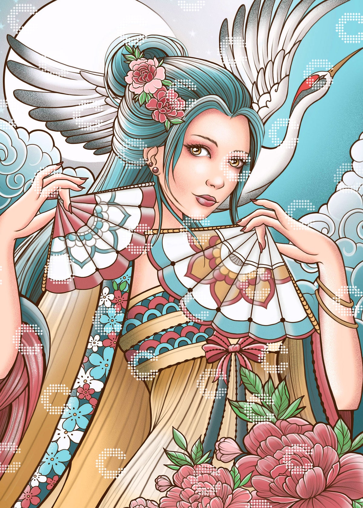 Diamond Painting Original-Kunstwerk einer asiatischen Schönheit im Kimono, mit Fächern und Blumen im Haar, vor einem Vollmond und einem fliegenden Kranich