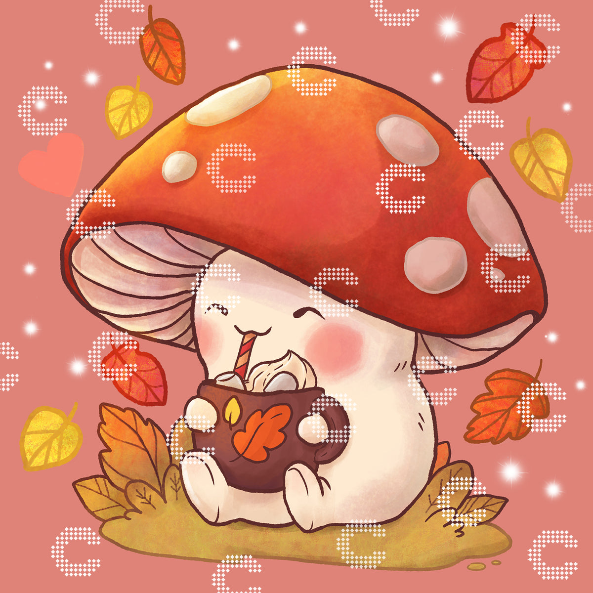Diamond Painting Originalmotiv mit herbstlichem Motiv von einem kleinen Pilz mit rotem Hut und weißen Punkten, der gerade eine leckere heiße Schokolade genießt, während das bunter Herbstlaub um hin herum fällt