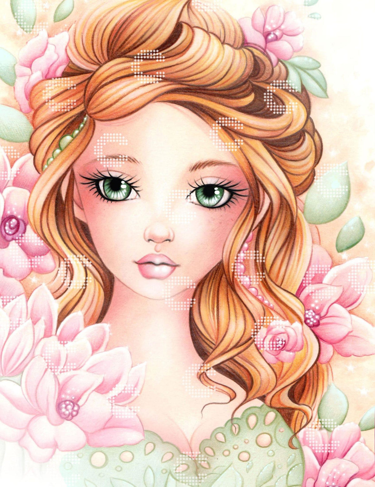 Diamond Painting zartes Mädchenportrait mit rosa Kamelienblüten, salbeifarbenen Blättern und passendem Kleid