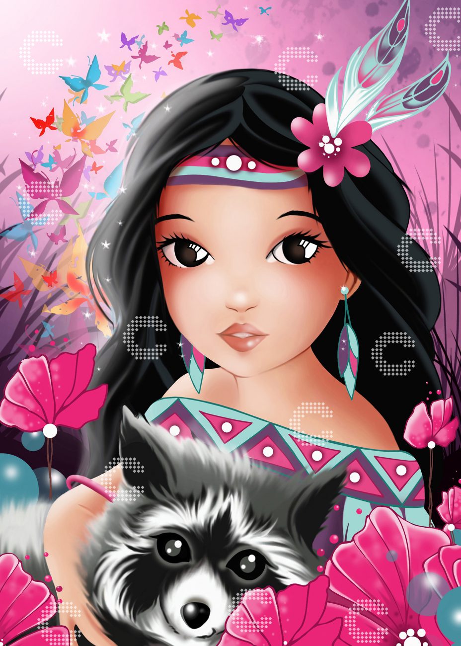 Diamond Painting mit einem kleinen Mädchen mit langen schwarzen Haaren, geschmückt mit einer Blume und Federn, einem ornamentverzierten Stirnband und ihrem kleinen Waschbär-Freund, umgeben von pinken Blumen und einem bunten Schmetterlingsschwarm