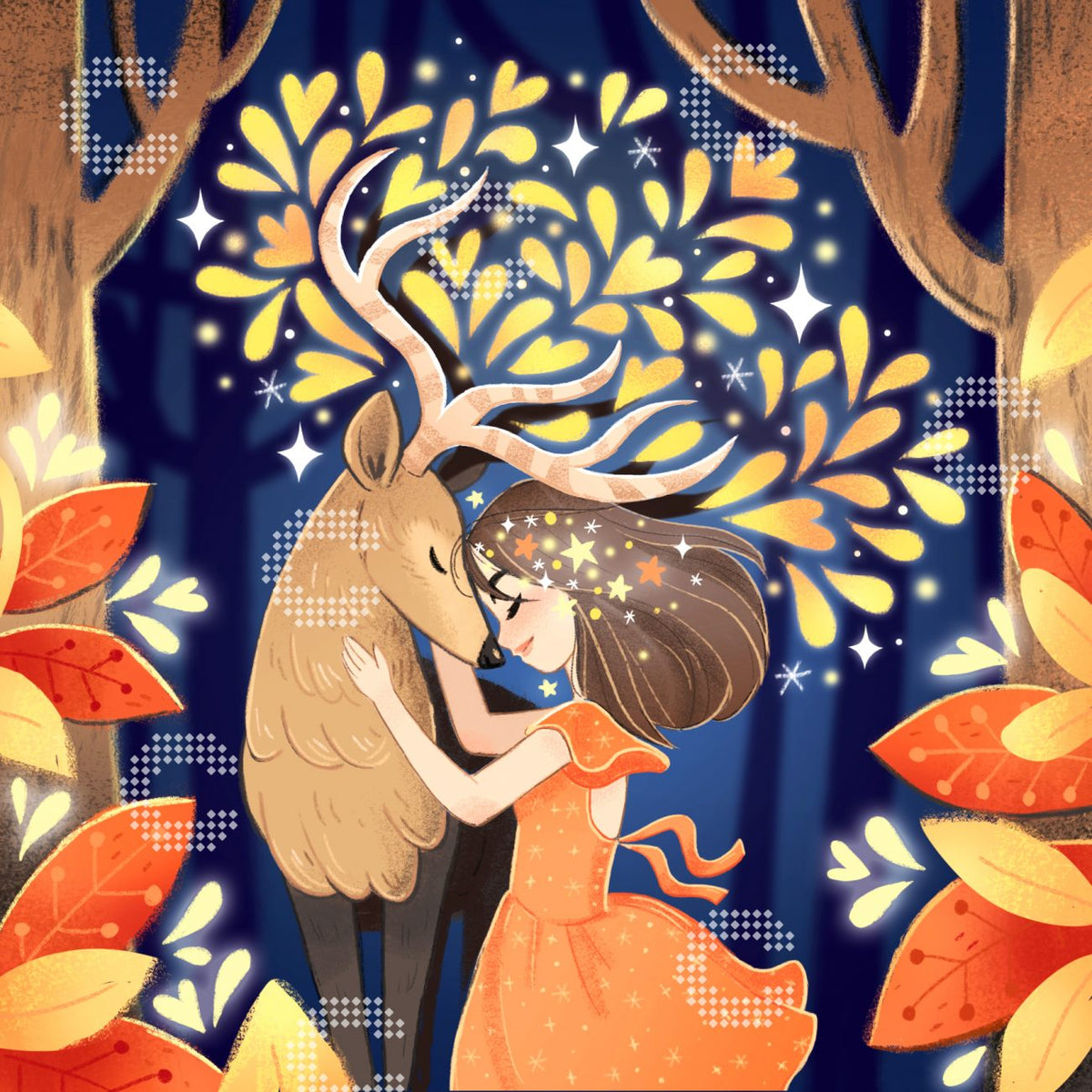 Diamond Painting mit einem Mädchen, das sich mitten im Wald anmutig an einen Hirsch kuschelt, in sanften Bronze- und Goldtönen mit floralen Akzenten sowie wunderschönen Mustern aus Blättern und Herzen