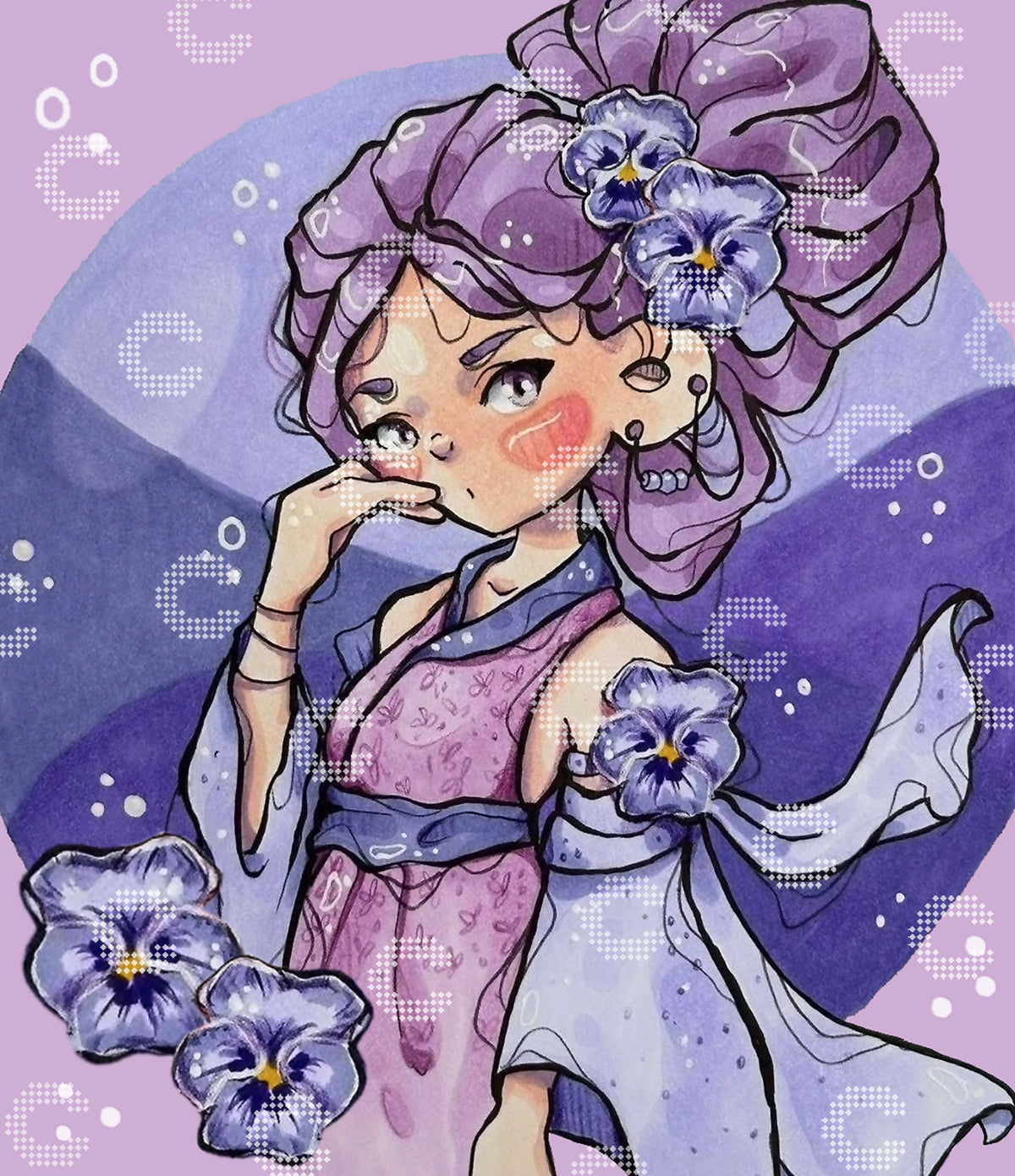 Diamond Painting Mädchen mit lila Stiefmütterchen, Kleid und Haaren in Violetttönen