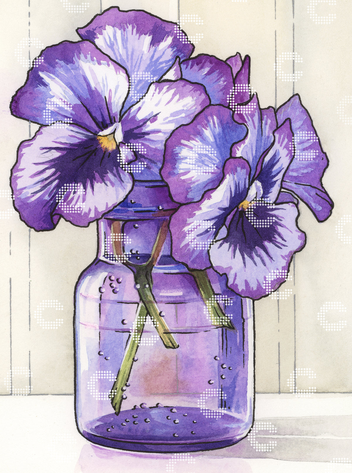 Diamond Painting Original-Motiv lila Stiefmütterchen in einer violetten Glas-Vase vor cremeweißer Holzwand