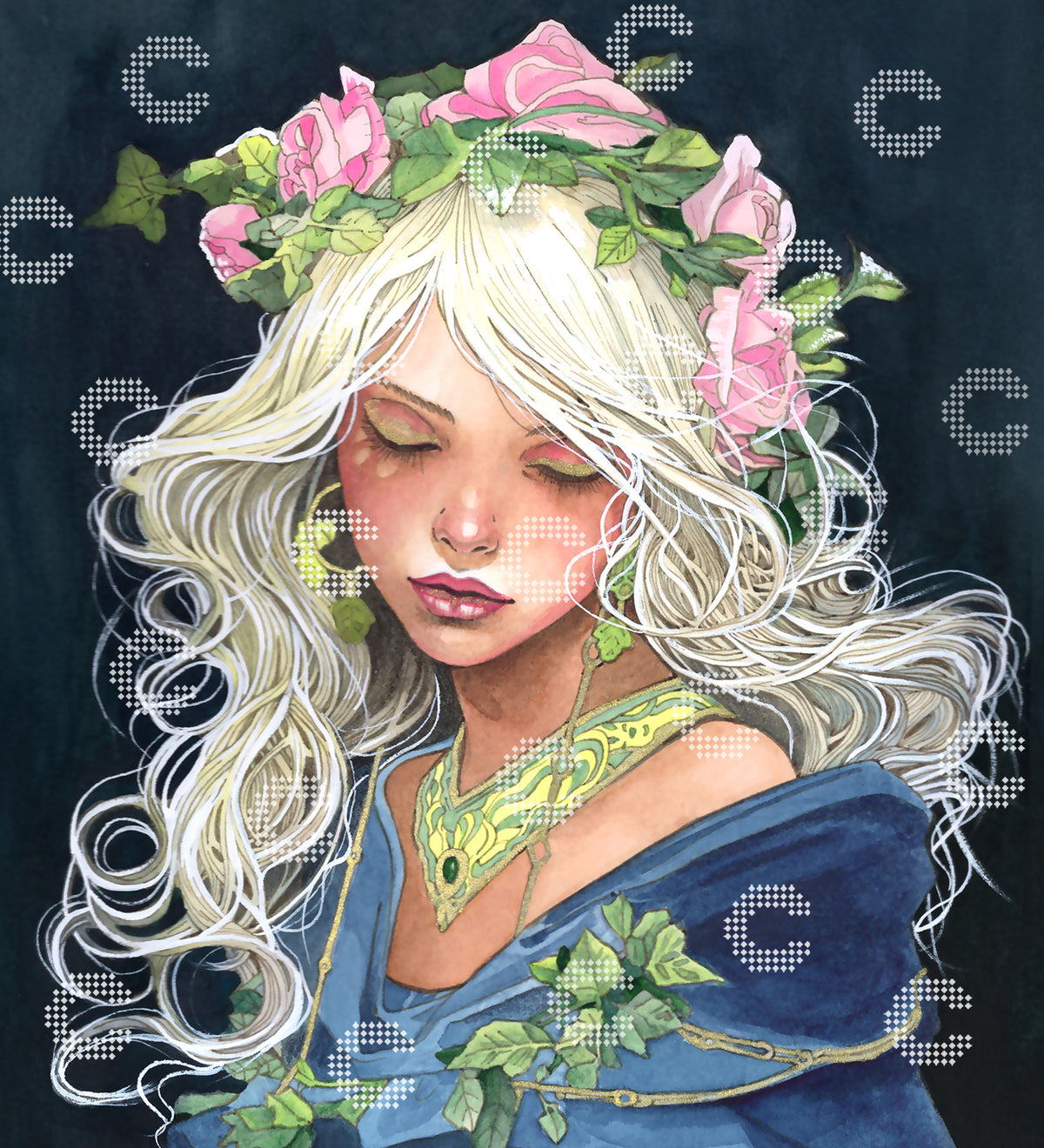Diamond Painting Original-Kunstwerk Königin mit Rosenkrone, blonden Locken und Efeublättern mit verträumter Fantasy-Atmosphäre