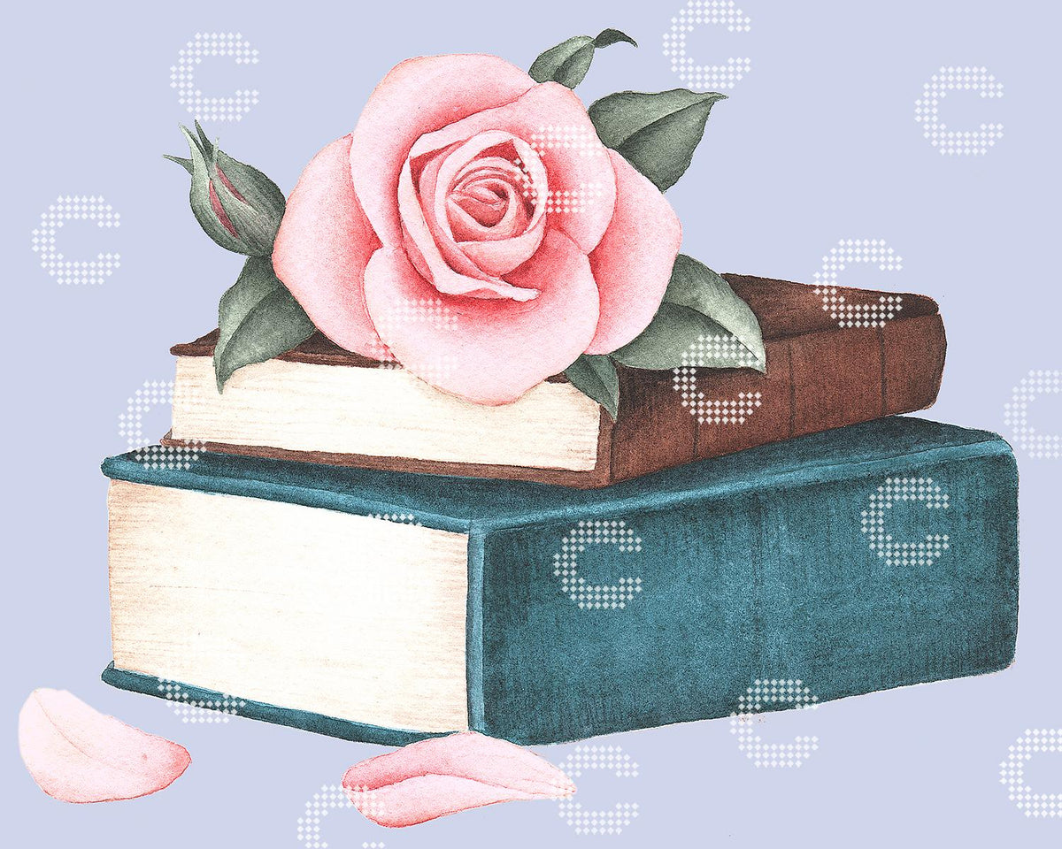 Diamond Painting zarte Rose auf einem Stapel nostalgischer Bücher mit losen Rosenblättern als romantisches Blumenmotiv