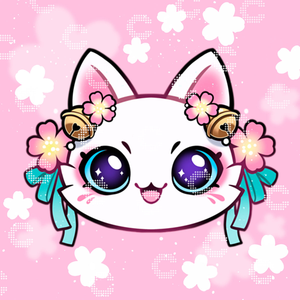Diamond Painting Kawaii Sakura Katze mit Blüten, Bändern, Glöckchen und weißen Blumen als zauberhaftes Katzenmotiv