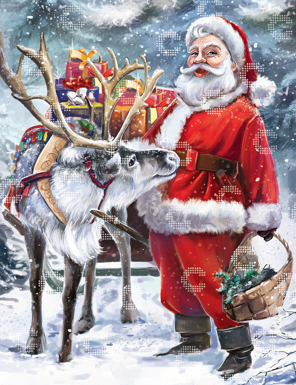 Diamond Painting Original-Kunstwerk Weihnachtsmann mit Rentier, Schlitten und Geschenken in verschneiter Winterlandschaft