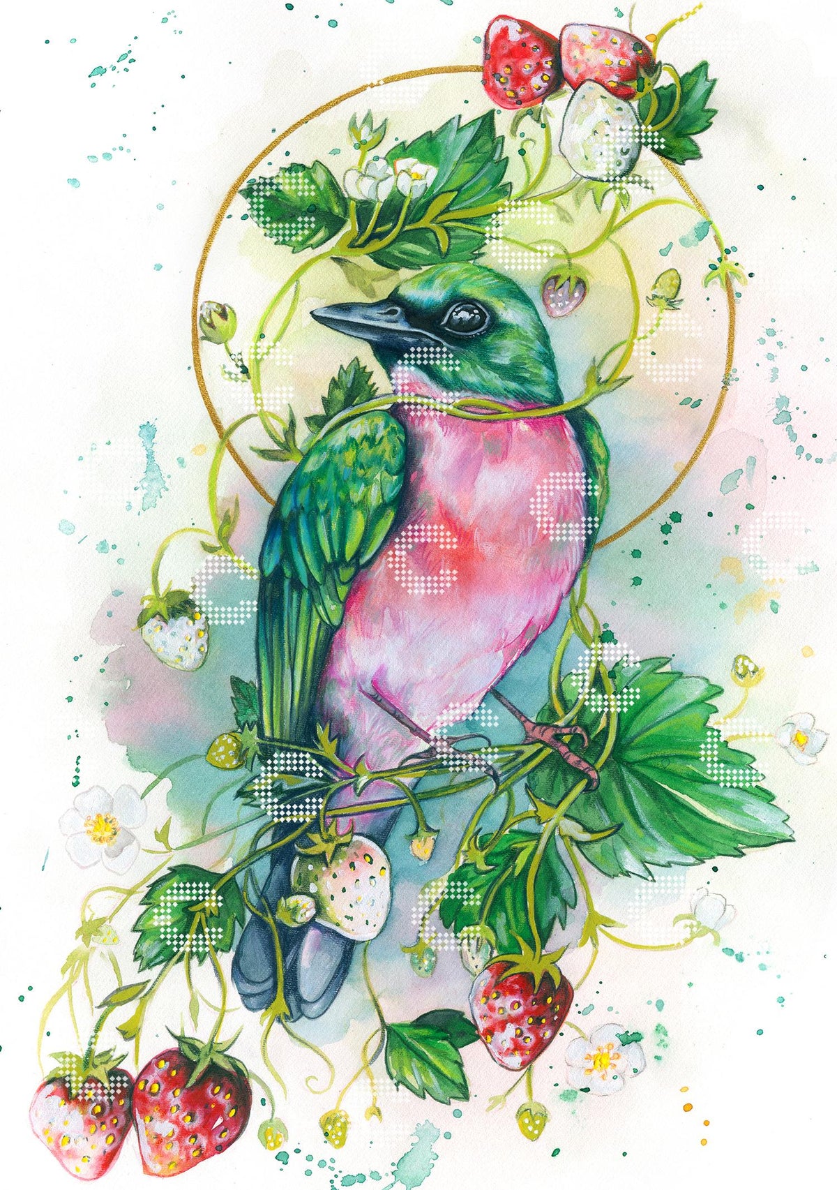 Diamond Painting mit grün-rotem Vogel zwischen Erdbeerranken, reifen Erdbeeren und zarten Erdbeerblüten