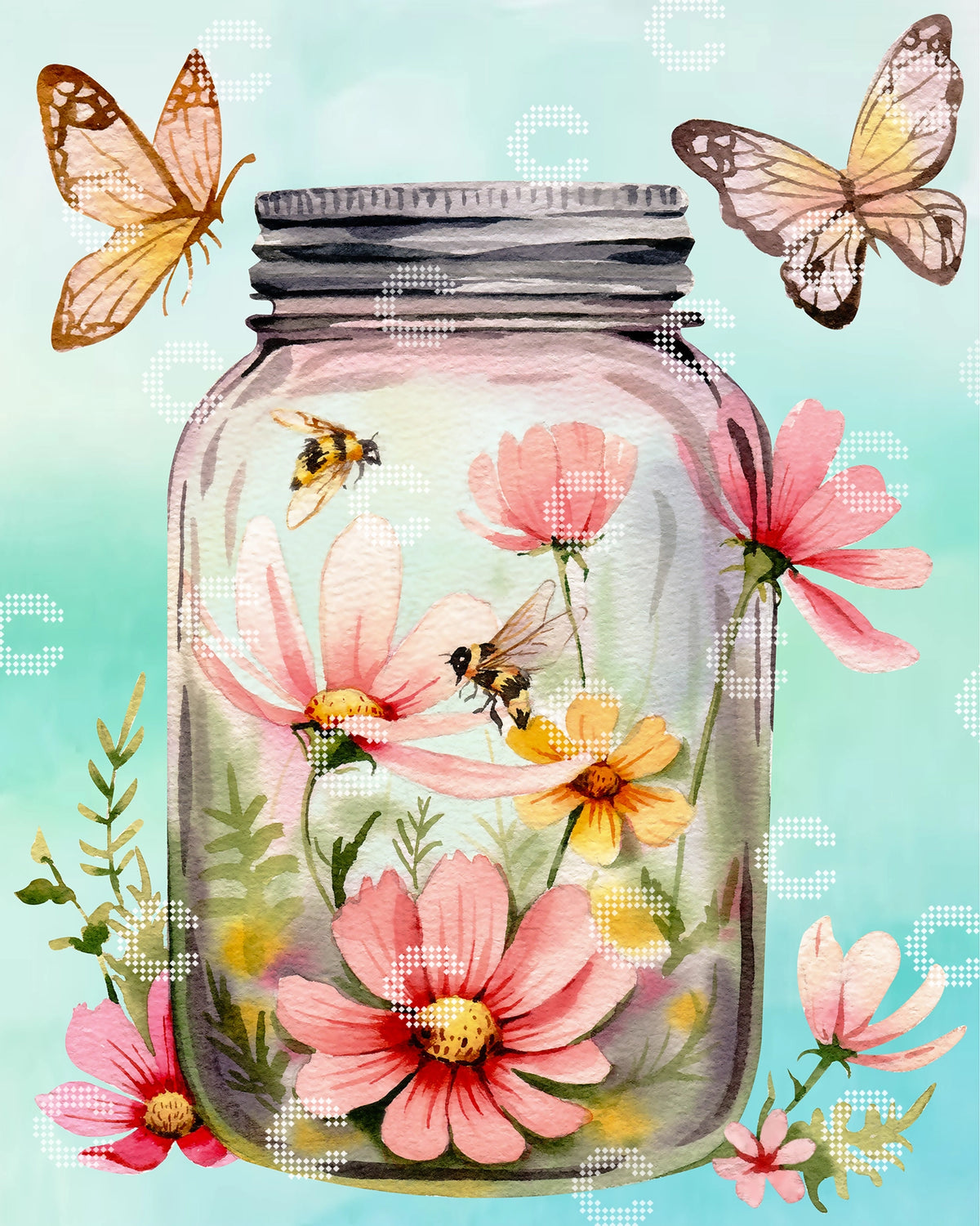 Diamond Painting Original-Kunstwerk Einmachglas mit bunten Blumen, Bienen und Schmetterlingen im sommerlichen Garten