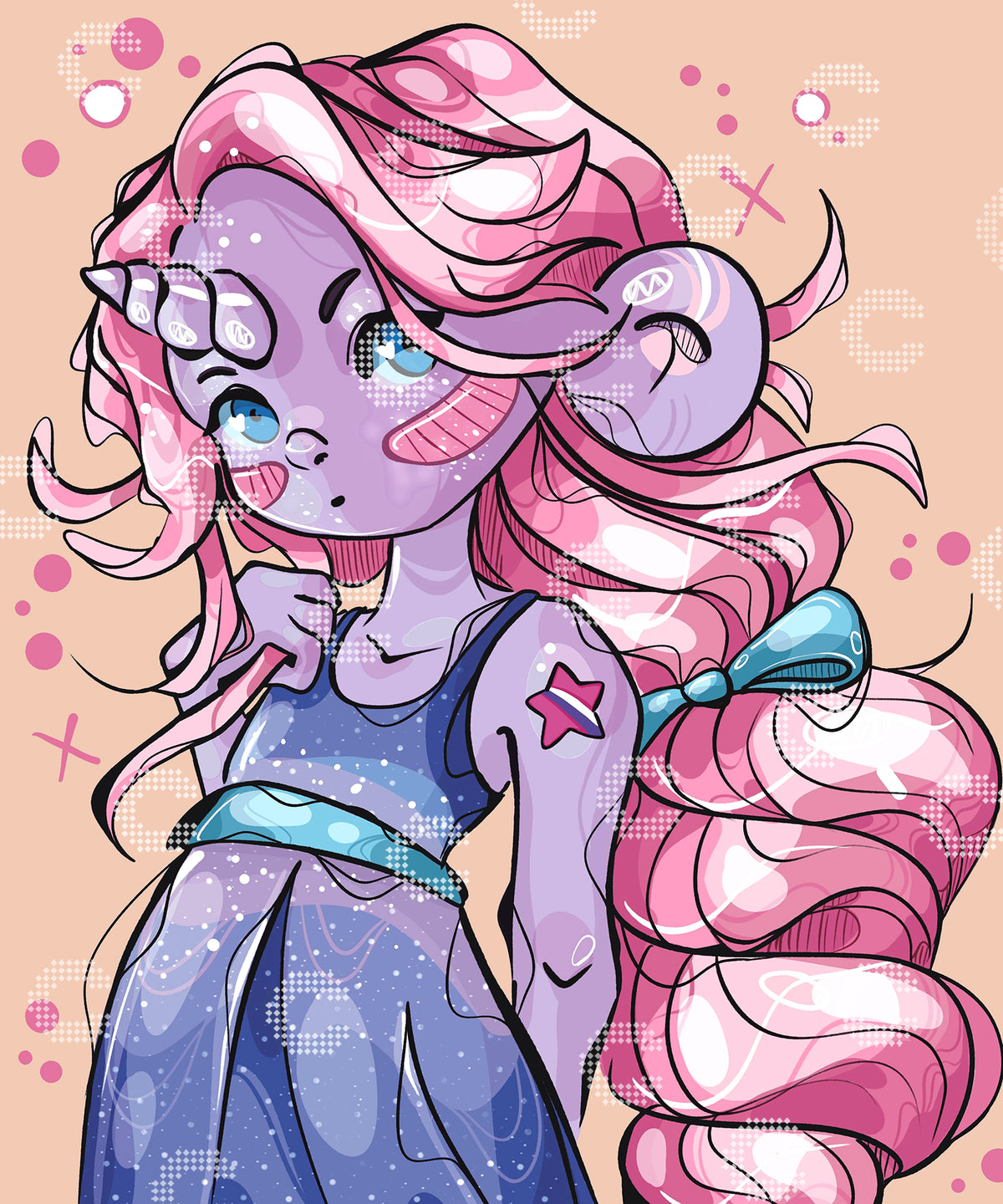 Diamond Painting Original-Motiv Fantasy Mädchen mit langen pinken Haaren, Elfenohren und Einhorn auf der Stirn
