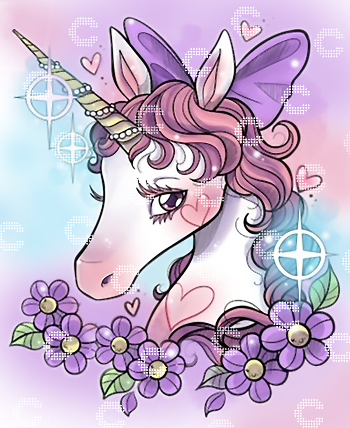 Diamond Painting Original-Bild verträumtes Einhorn mit Blumen in zarten Pastelltönen
