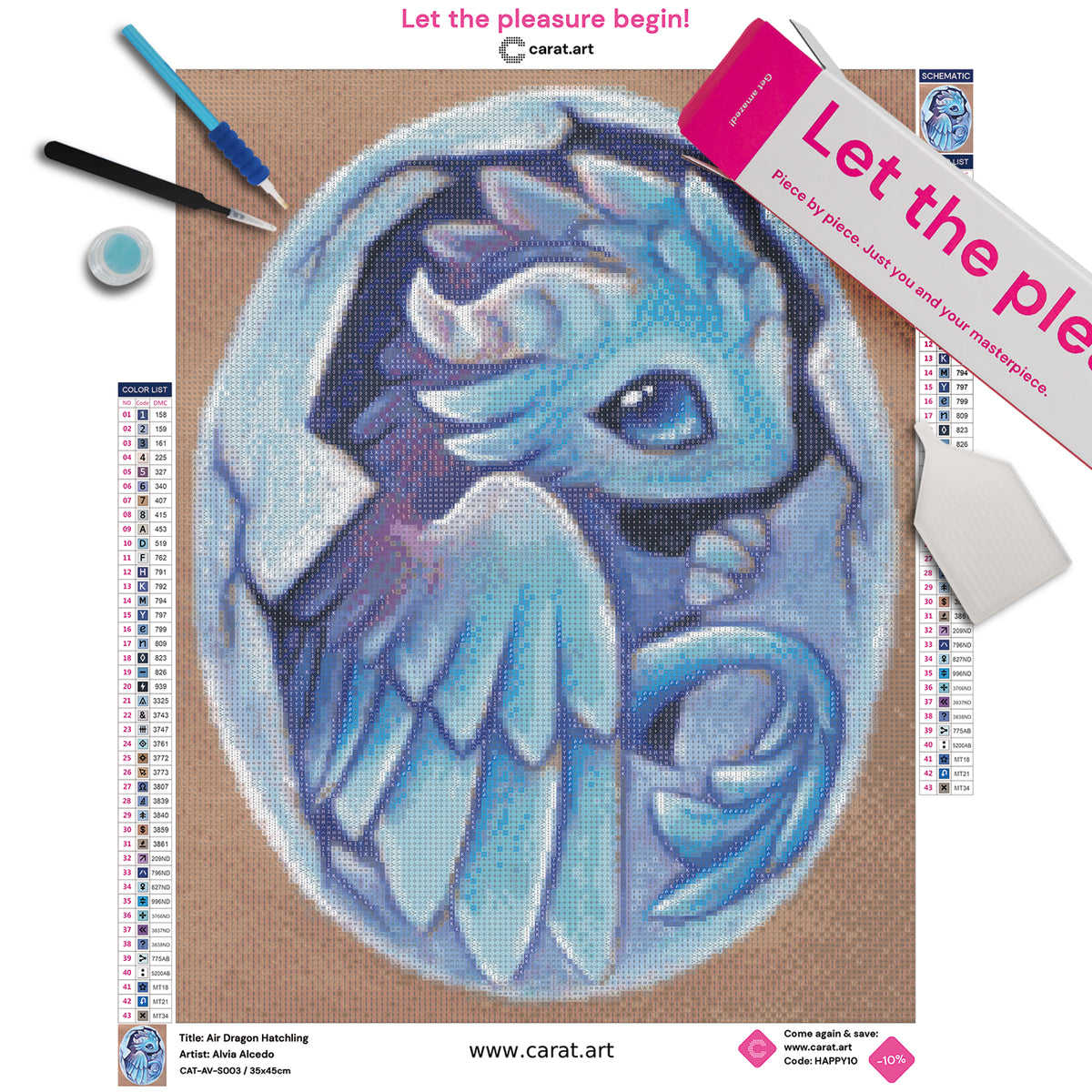 Diamond Painting Set mit kleinem hellblauen Drachen beim Schlüpfen aus einem hellblauen Ei inklusive Leinwand, ciratart.com Karton und hochwertigem Zubehör