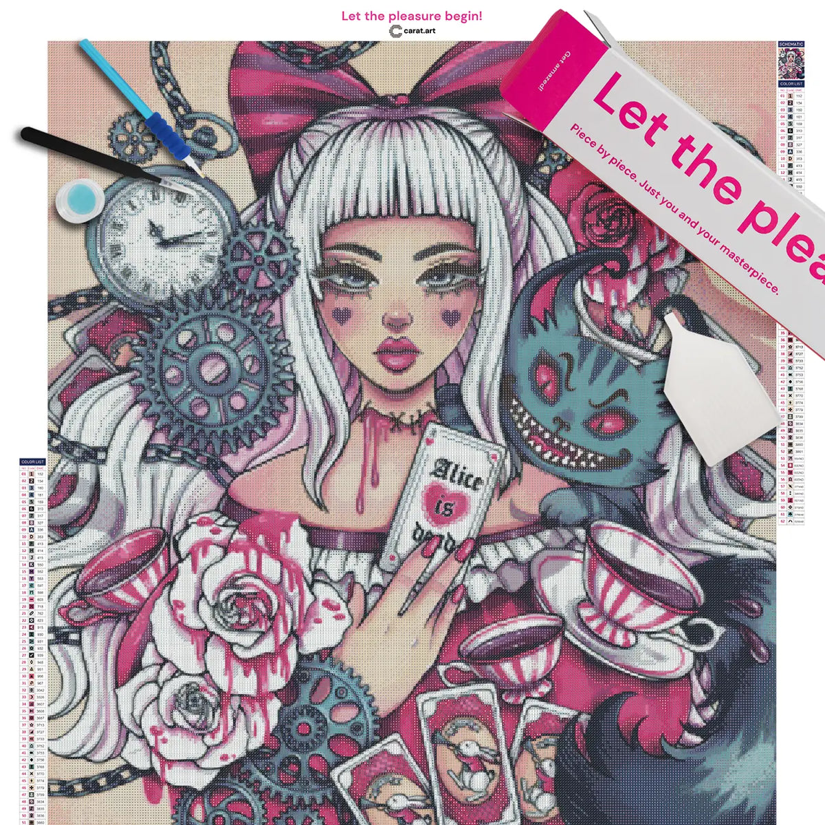 Diamond Painting Set mit Alice und der Grinsekatze in einer geheimnisvollen Wunderland-Szene mit Teeparty und Kartenspiel inklusive Leinwand, ciratart.com Karton und hochwertigem Zubehör